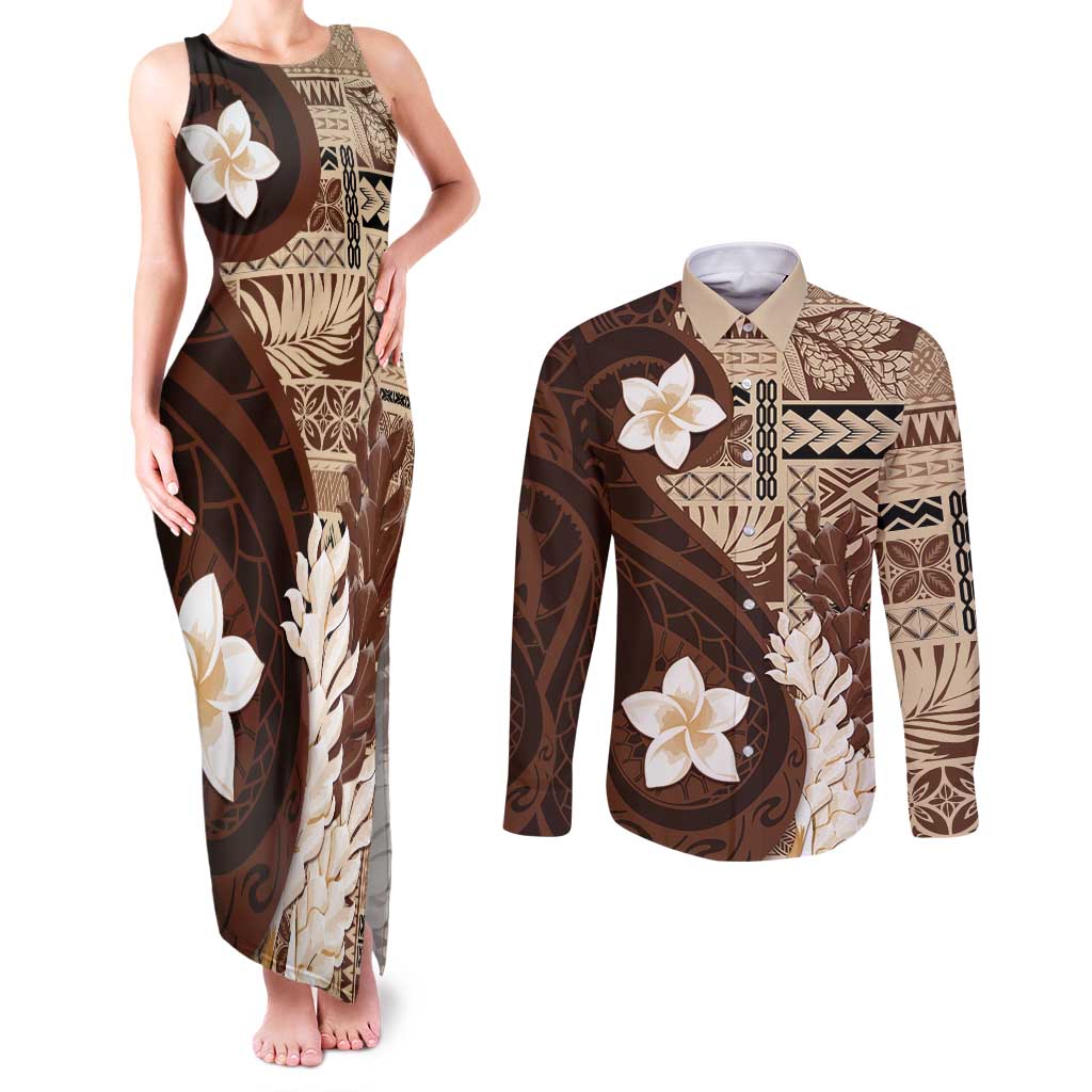 Samoa Teuila 2024 Couples Matching Tank Maxi Dress and Long Sleeve Button Shirt Samoan Siapo Pattern Brown Version