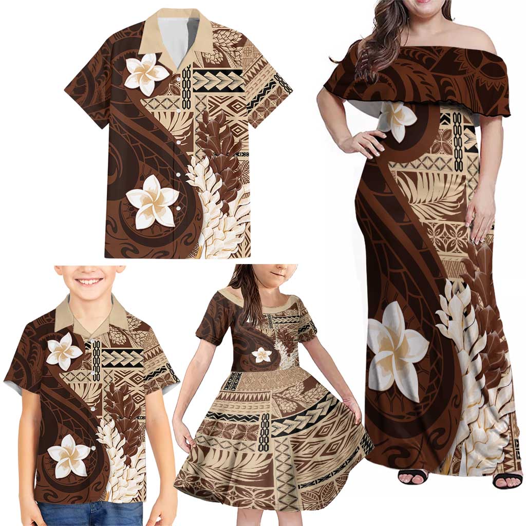 Samoa Teuila 2024 Family Matching Off Shoulder Maxi Dress and Hawaiian Shirt Samoan Siapo Pattern Brown Version