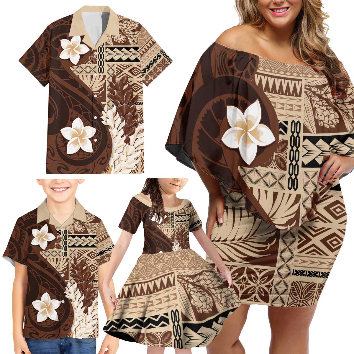 Samoa Teuila 2024 Family Matching Off Shoulder Short Dress and Hawaiian Shirt Samoan Siapo Pattern Brown Version