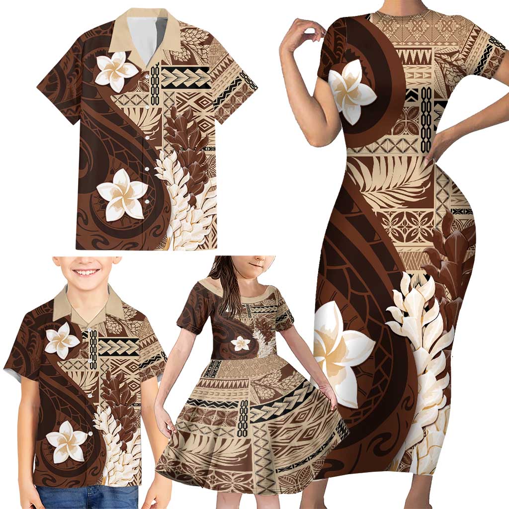 Samoa Teuila 2024 Family Matching Short Sleeve Bodycon Dress and Hawaiian Shirt Samoan Siapo Pattern Brown Version