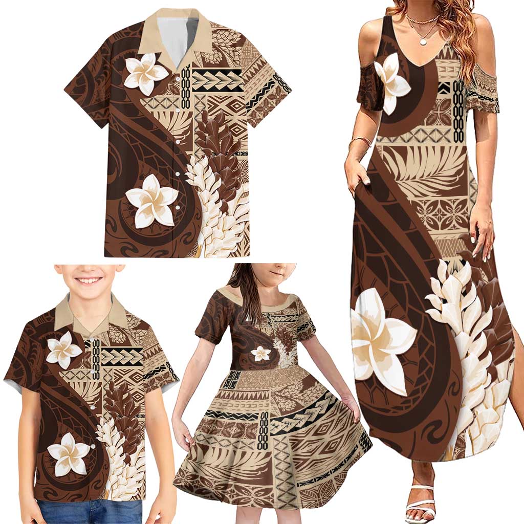 Samoa Teuila 2024 Family Matching Summer Maxi Dress and Hawaiian Shirt Samoan Siapo Pattern Brown Version