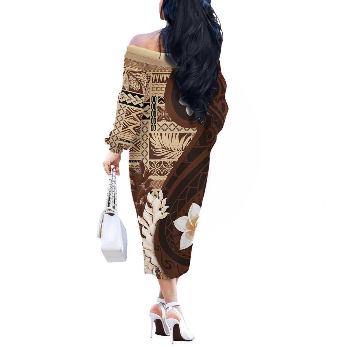 Samoa Teuila 2024 Off The Shoulder Long Sleeve Dress Samoan Siapo Pattern Brown Version