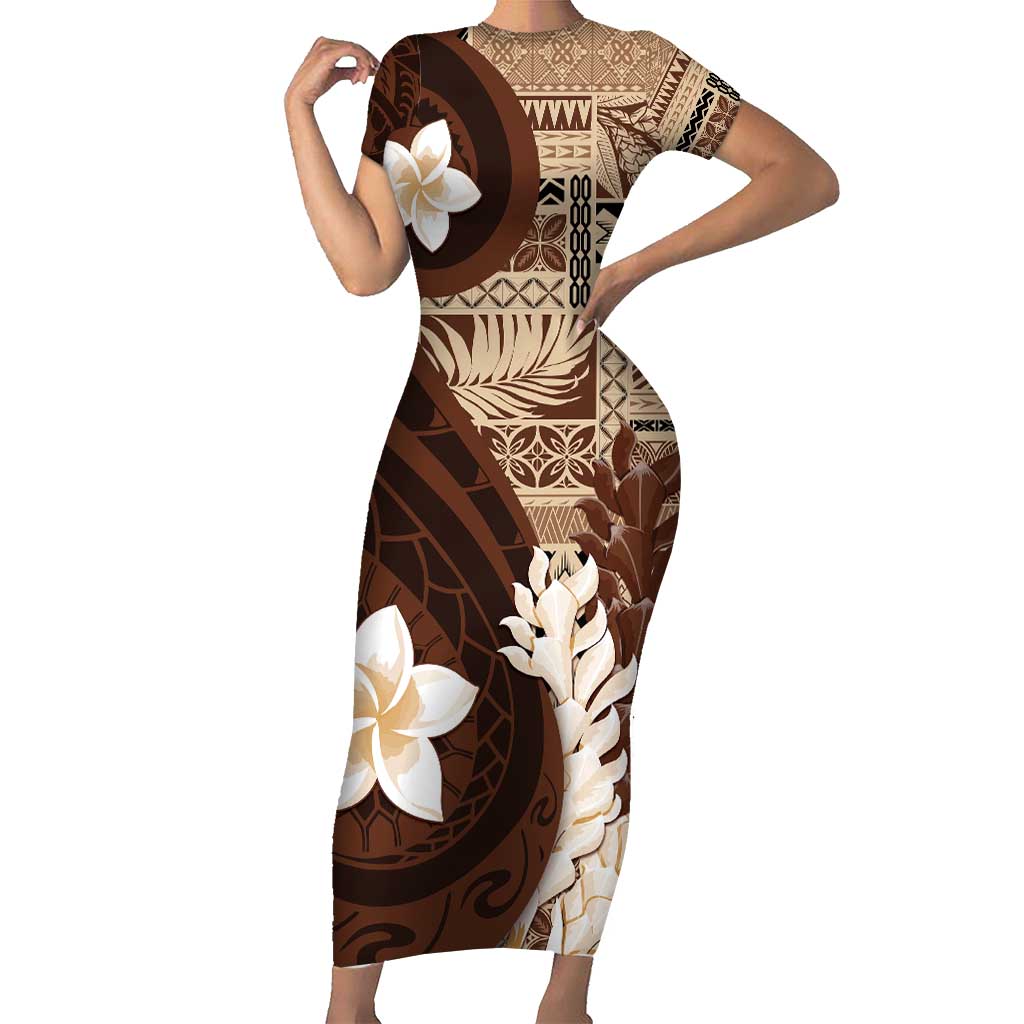 Samoa Teuila 2024 Short Sleeve Bodycon Dress Samoan Siapo Pattern Brown Version