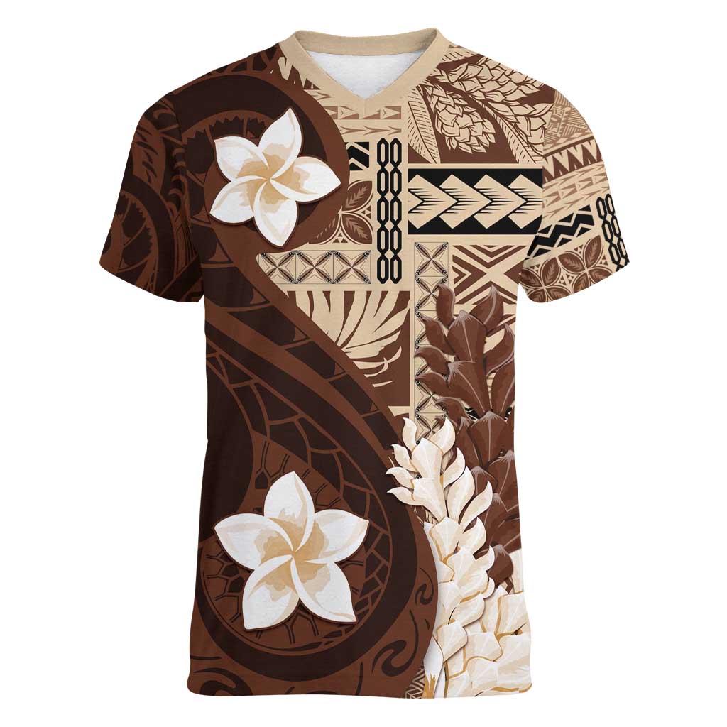 Samoa Teuila 2024 Women V-Neck T-Shirt Samoan Siapo Pattern Brown Version