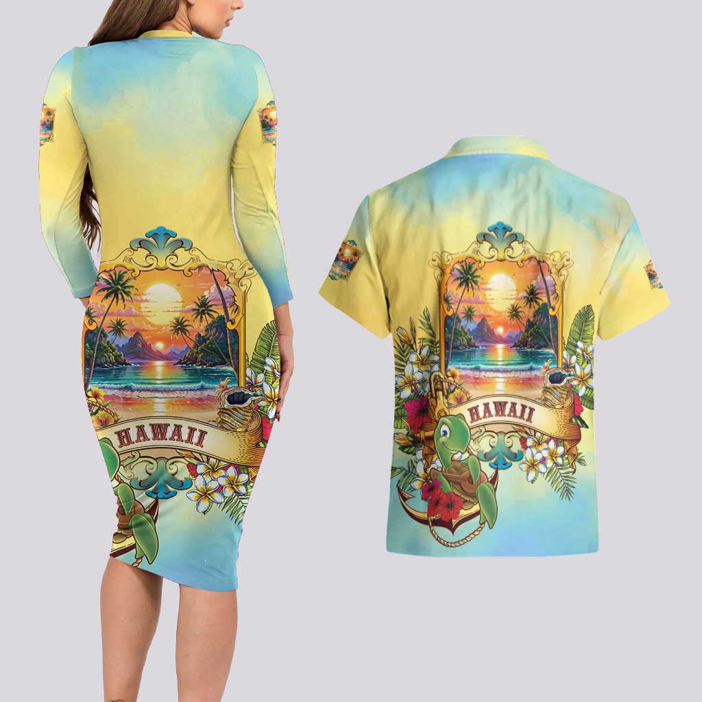 Aloha Hawaii Turtle Couples Matching Long Sleeve Bodycon Dress and Hawaiian Shirt Retro Style LT05 - Polynesian Pride