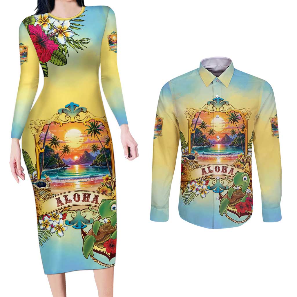 Aloha Hawaii Turtle Couples Matching Long Sleeve Bodycon Dress and Long Sleeve Button Shirt Retro Style LT05 Beige - Polynesian Pride