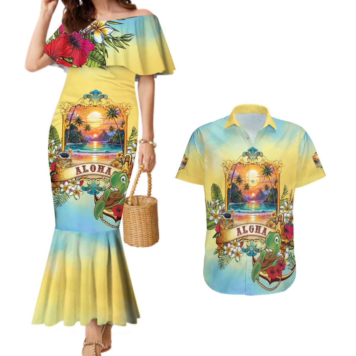 Aloha Hawaii Turtle Couples Matching Mermaid Dress and Hawaiian Shirt Retro Style LT05 Beige - Polynesian Pride