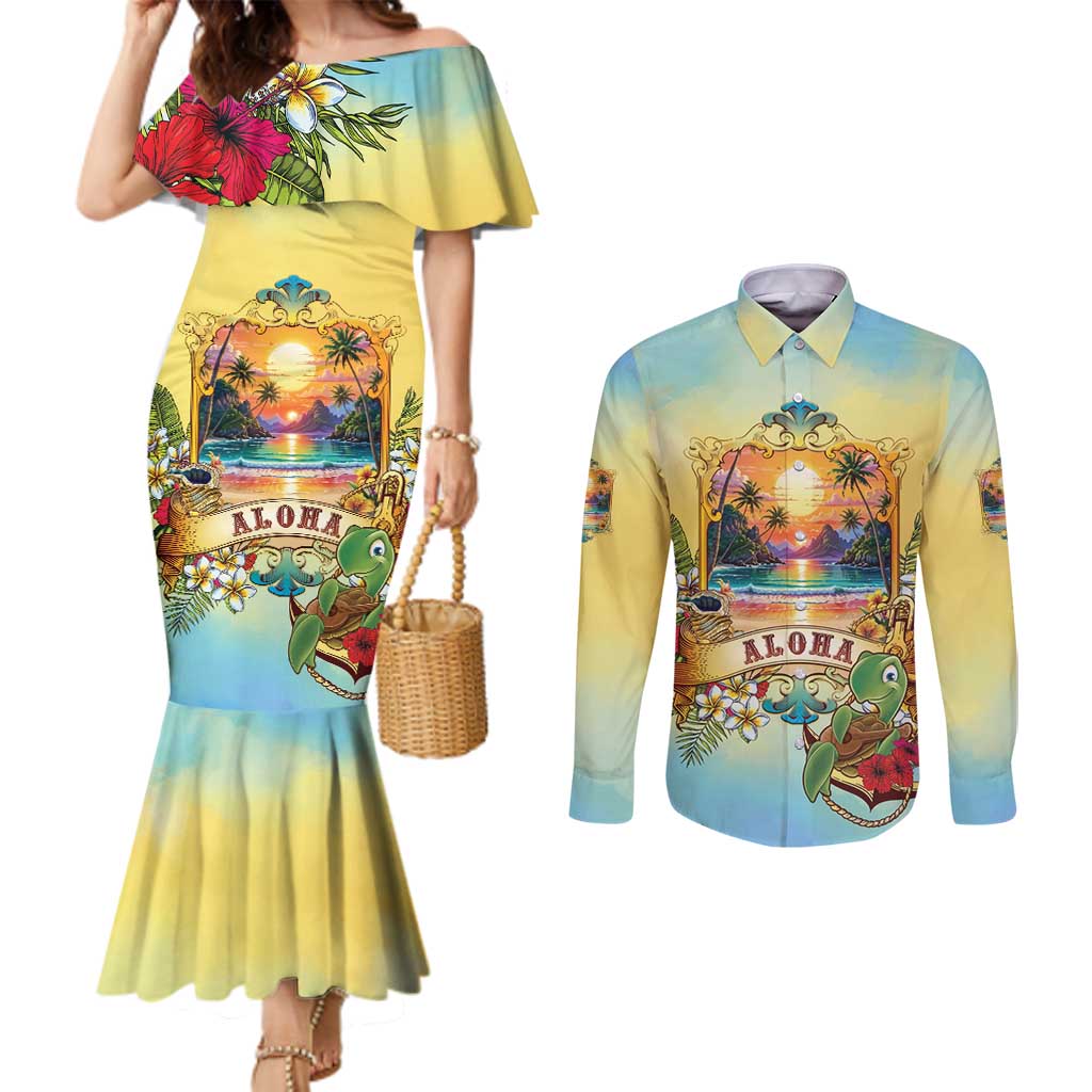 Aloha Hawaii Turtle Couples Matching Mermaid Dress and Long Sleeve Button Shirt Retro Style LT05 Beige - Polynesian Pride