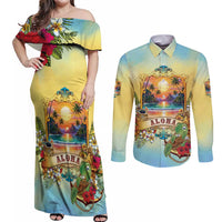 Aloha Hawaii Turtle Couples Matching Off Shoulder Maxi Dress and Long Sleeve Button Shirt Retro Style LT05 Beige - Polynesian Pride