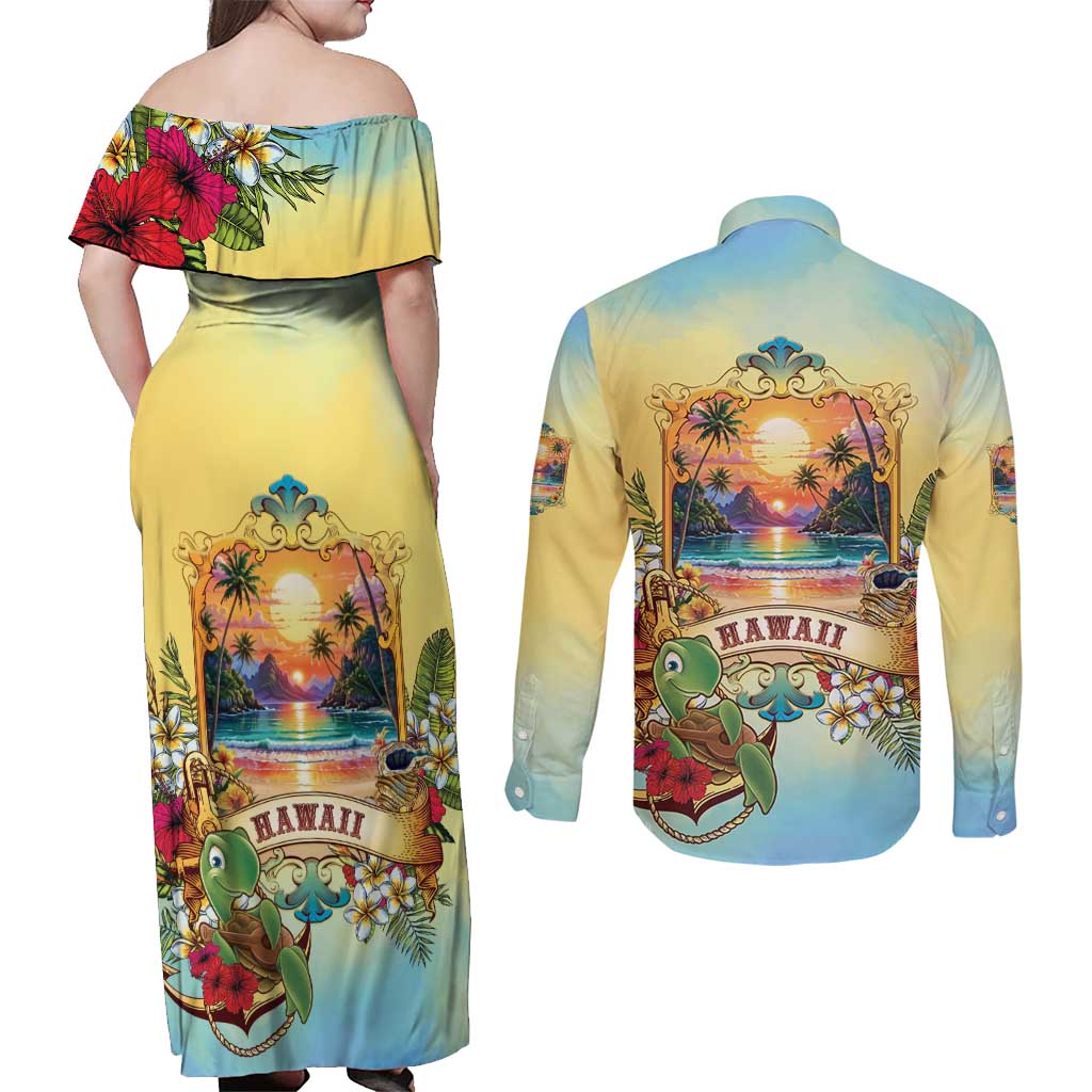 Aloha Hawaii Turtle Couples Matching Off Shoulder Maxi Dress and Long Sleeve Button Shirt Retro Style LT05 - Polynesian Pride