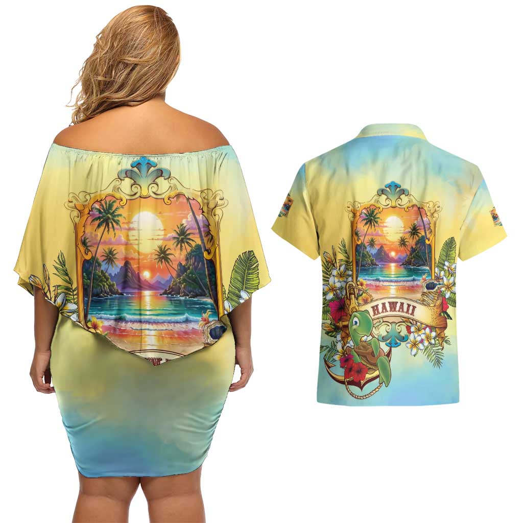 Aloha Hawaii Turtle Couples Matching Off Shoulder Short Dress and Hawaiian Shirt Retro Style LT05 - Polynesian Pride