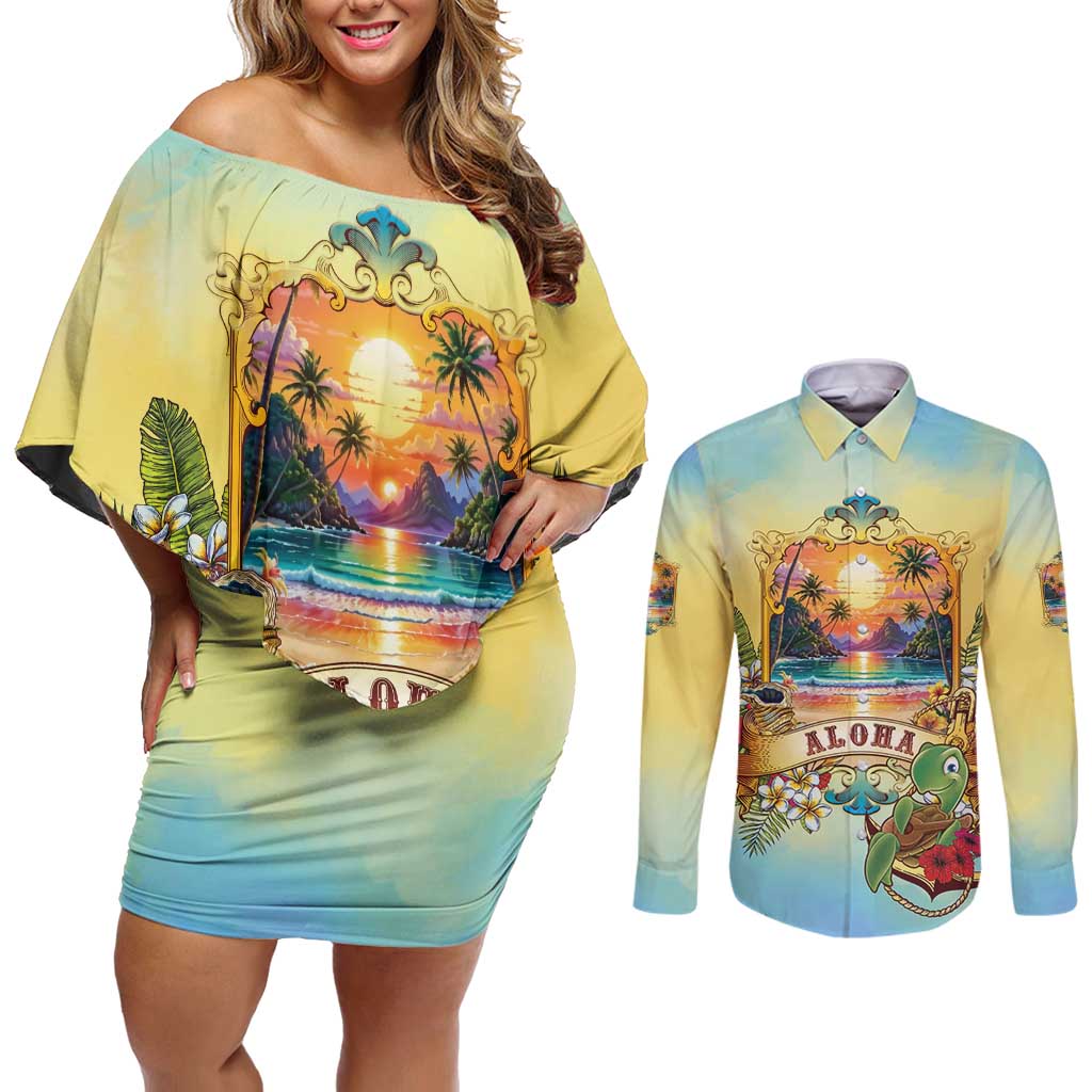 Aloha Hawaii Turtle Couples Matching Off Shoulder Short Dress and Long Sleeve Button Shirt Retro Style LT05 Beige - Polynesian Pride
