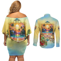 Aloha Hawaii Turtle Couples Matching Off Shoulder Short Dress and Long Sleeve Button Shirt Retro Style LT05 - Polynesian Pride