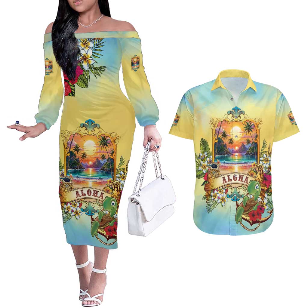 Aloha Hawaii Turtle Couples Matching Off The Shoulder Long Sleeve Dress and Hawaiian Shirt Retro Style LT05 Beige - Polynesian Pride
