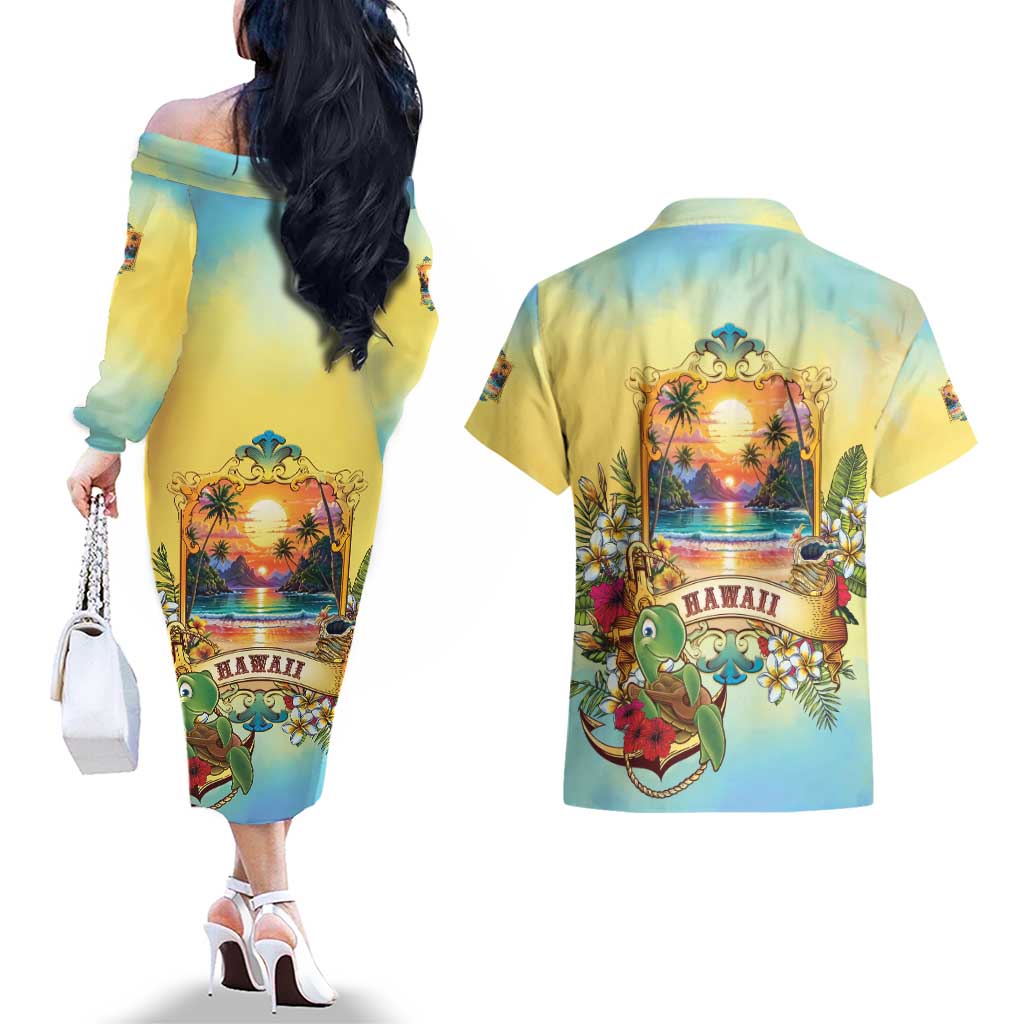 Aloha Hawaii Turtle Couples Matching Off The Shoulder Long Sleeve Dress and Hawaiian Shirt Retro Style LT05 - Polynesian Pride