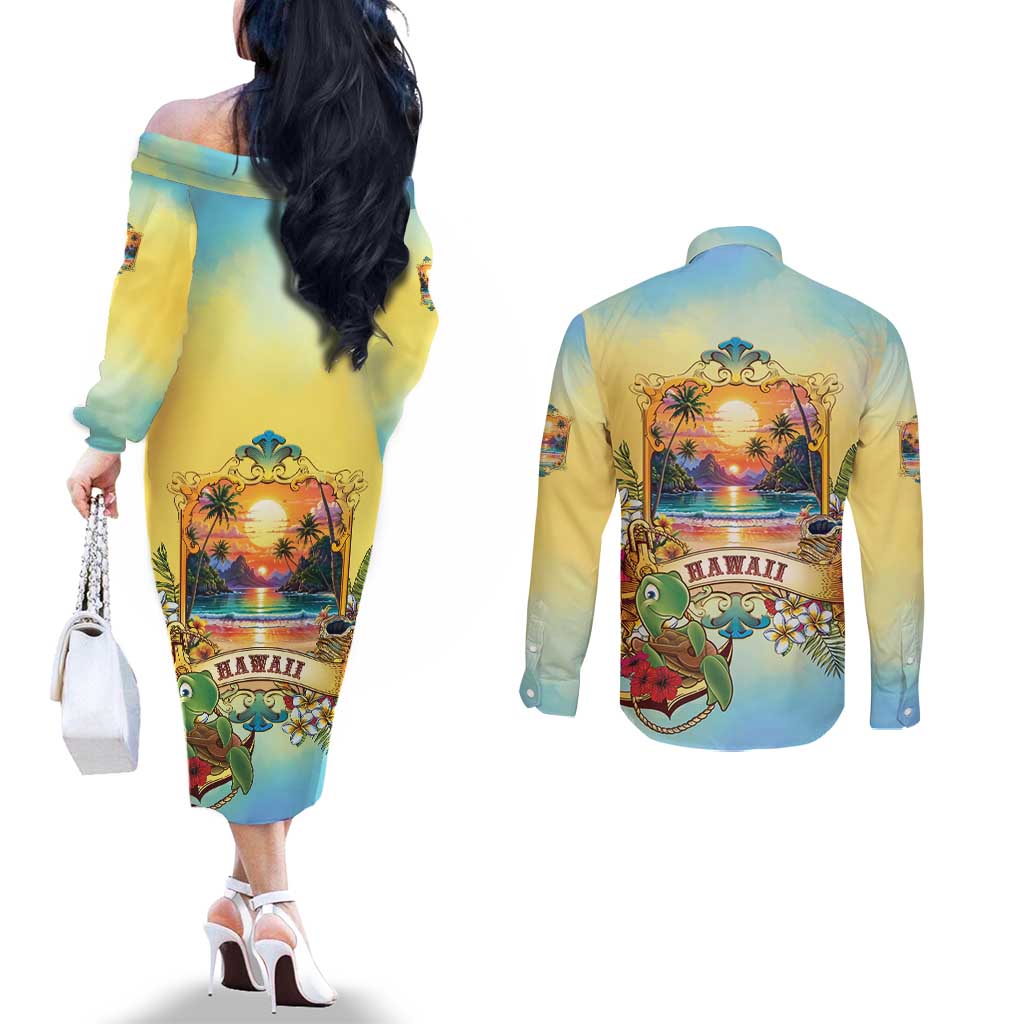 Aloha Hawaii Turtle Couples Matching Off The Shoulder Long Sleeve Dress and Long Sleeve Button Shirt Retro Style LT05 - Polynesian Pride