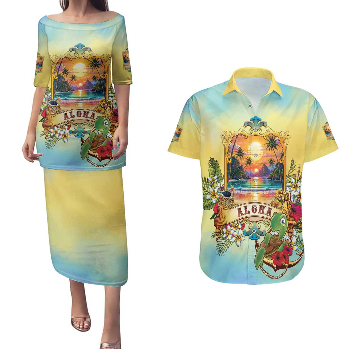 Aloha Hawaii Turtle Couples Matching Puletasi and Hawaiian Shirt Retro Style LT05 Beige - Polynesian Pride