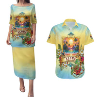 Aloha Hawaii Turtle Couples Matching Puletasi and Hawaiian Shirt Retro Style LT05 Beige - Polynesian Pride