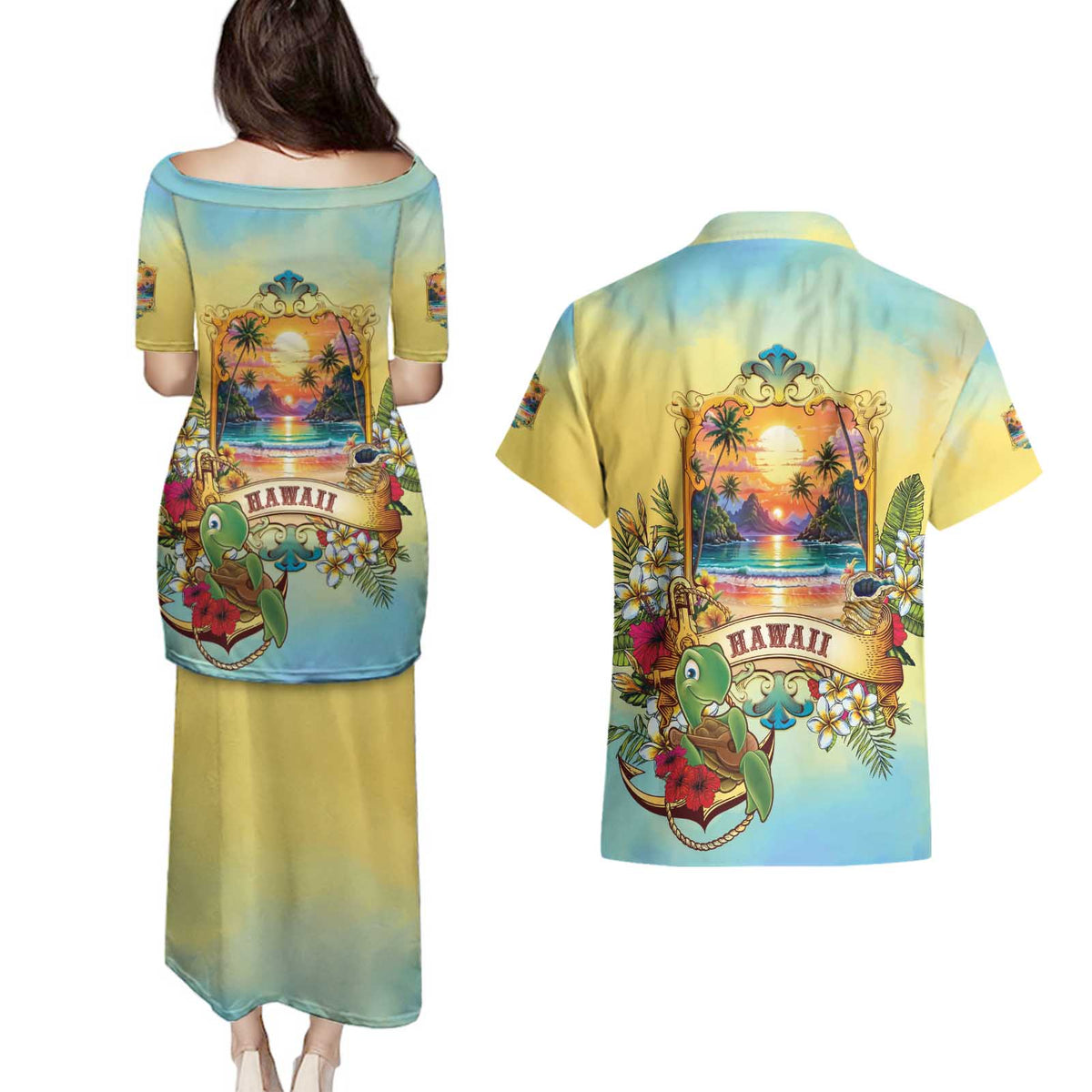 Aloha Hawaii Turtle Couples Matching Puletasi and Hawaiian Shirt Retro Style LT05 - Polynesian Pride