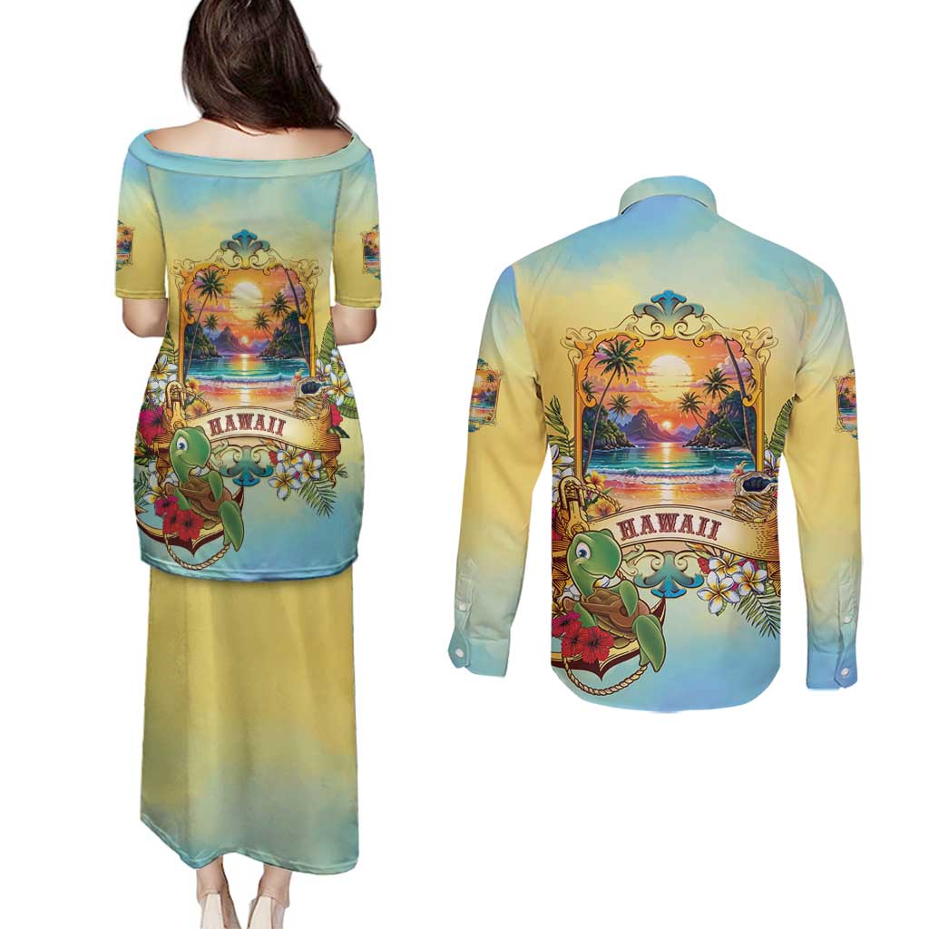 Aloha Hawaii Turtle Couples Matching Puletasi and Long Sleeve Button Shirt Retro Style LT05 - Polynesian Pride
