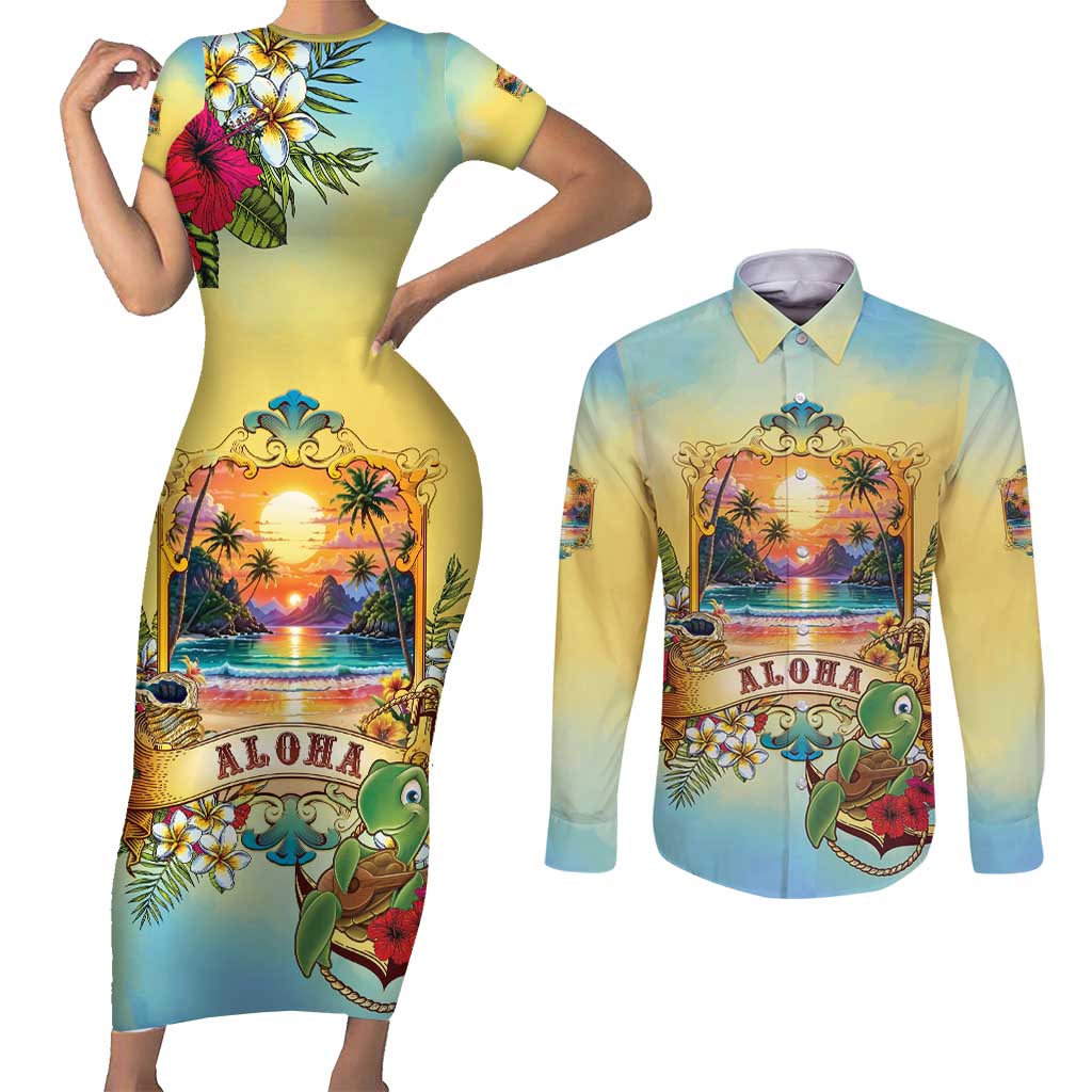Aloha Hawaii Turtle Couples Matching Short Sleeve Bodycon Dress and Long Sleeve Button Shirt Retro Style LT05 Beige - Polynesian Pride