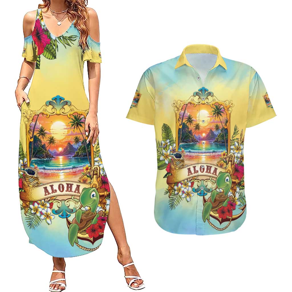 Aloha Hawaii Turtle Couples Matching Summer Maxi Dress and Hawaiian Shirt Retro Style LT05 Beige - Polynesian Pride