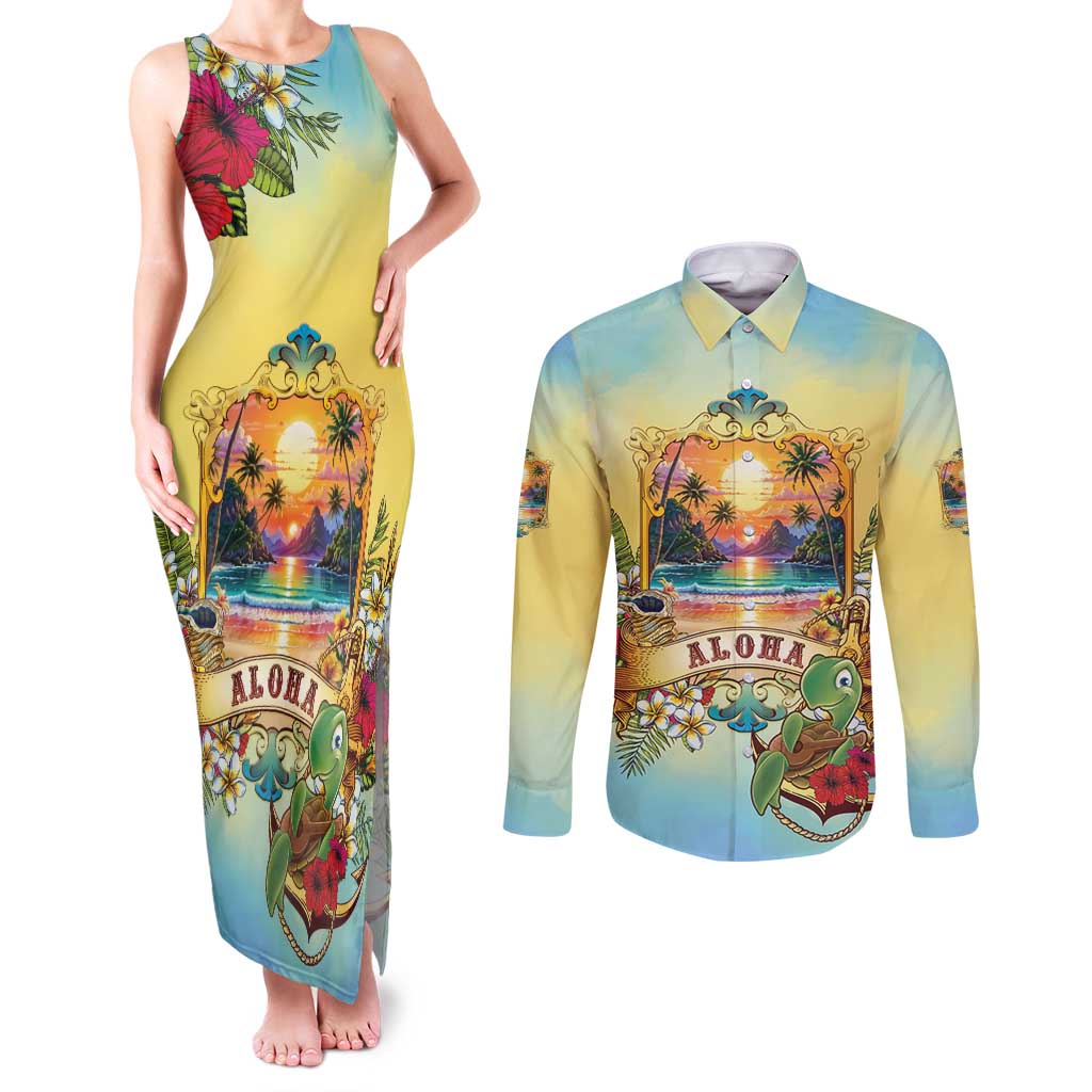 Aloha Hawaii Turtle Couples Matching Tank Maxi Dress and Long Sleeve Button Shirt Retro Style LT05 Beige - Polynesian Pride