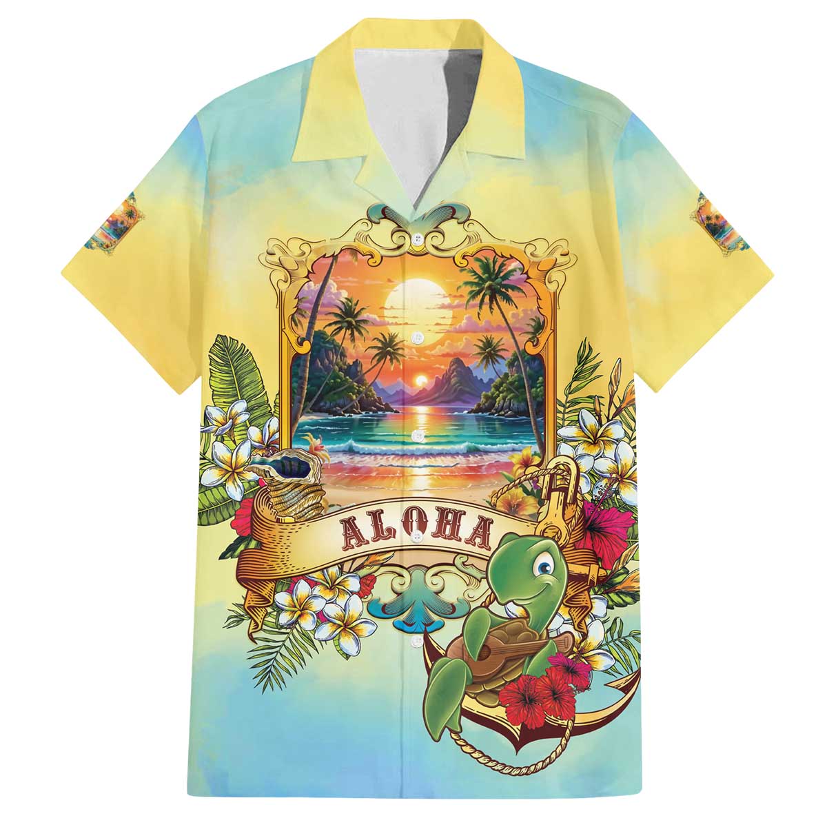 Aloha Hawaii Turtle Family Matching Off The Shoulder Long Sleeve Dress and Hawaiian Shirt Retro Style LT05 Dad's Shirt - Short Sleeve Beige - Polynesian Pride