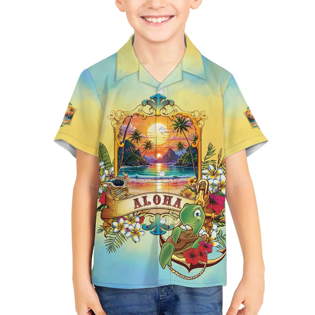 Aloha Hawaii Turtle Family Matching Off The Shoulder Long Sleeve Dress and Hawaiian Shirt Retro Style LT05 Son's Shirt Beige - Polynesian Pride