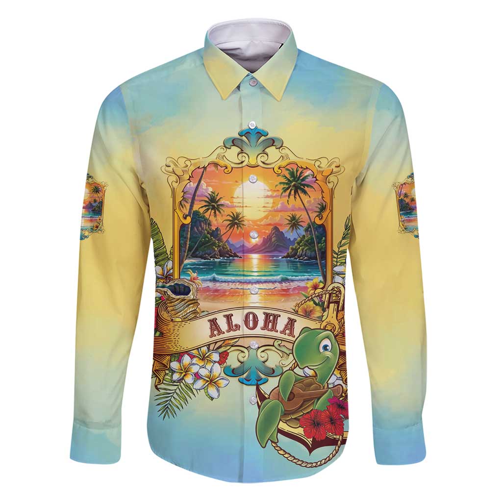 Aloha Hawaii Turtle Family Matching Puletasi and Hawaiian Shirt Retro Style LT05 Dad's Shirt - Long Sleeve Beige - Polynesian Pride