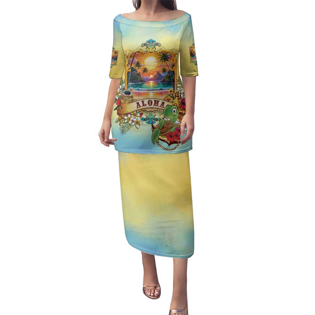 Aloha Hawaii Turtle Family Matching Puletasi and Hawaiian Shirt Retro Style LT05 Mom's Dress Beige - Polynesian Pride