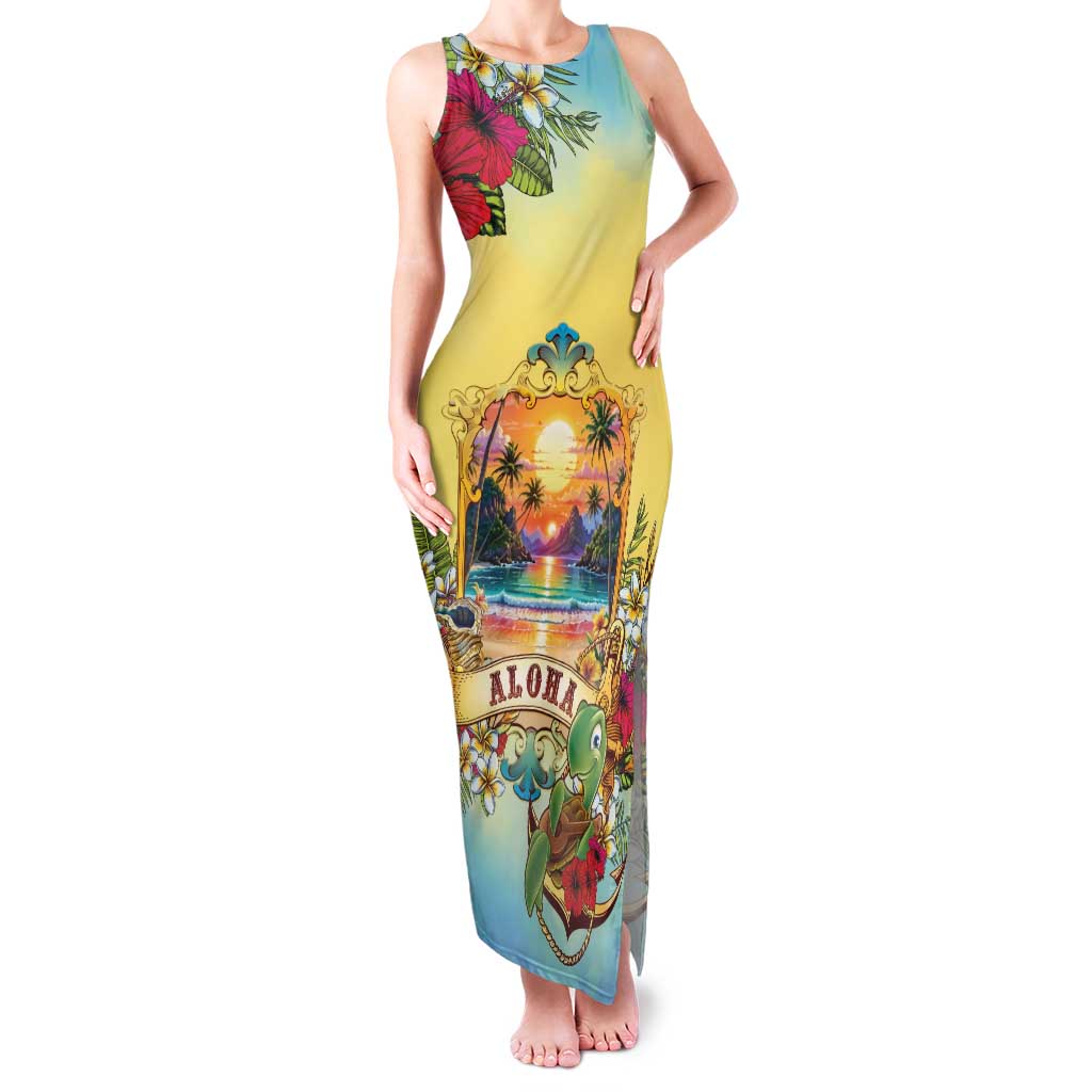 Aloha Hawaii Turtle Family Matching Tank Maxi Dress and Hawaiian Shirt Retro Style LT05 Mom's Dress Beige - Polynesian Pride