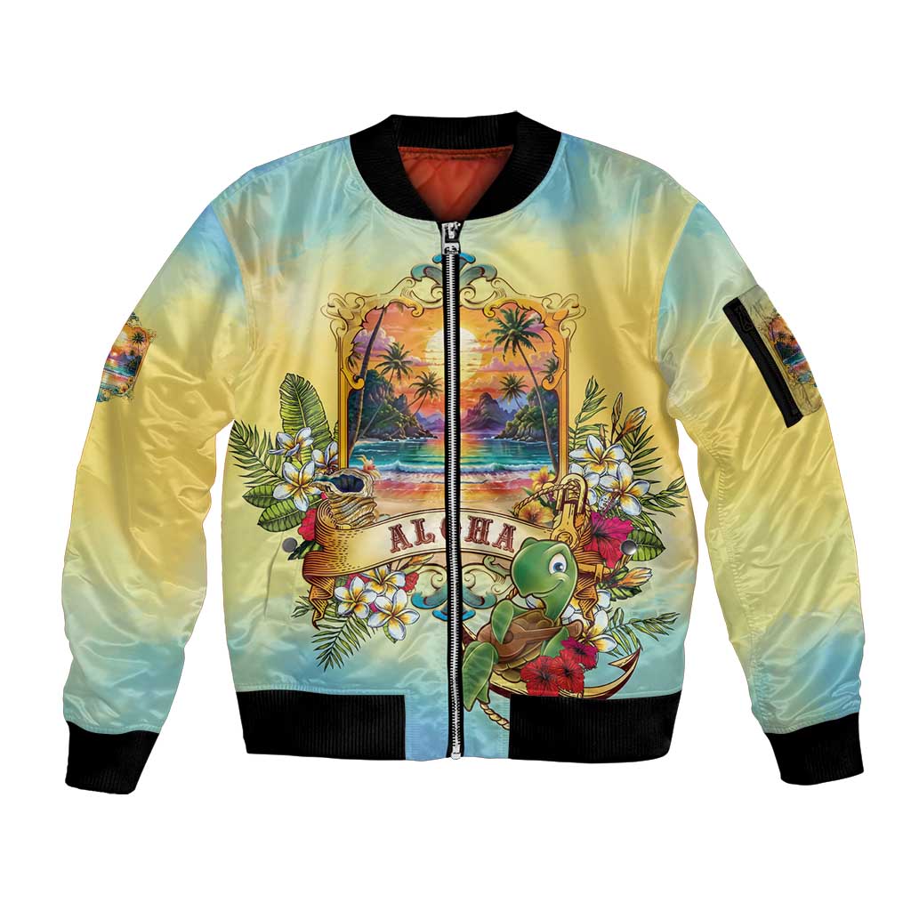Aloha Hawaii Turtle Sleeve Zip Bomber Jacket Retro Style - Polynesian Pride