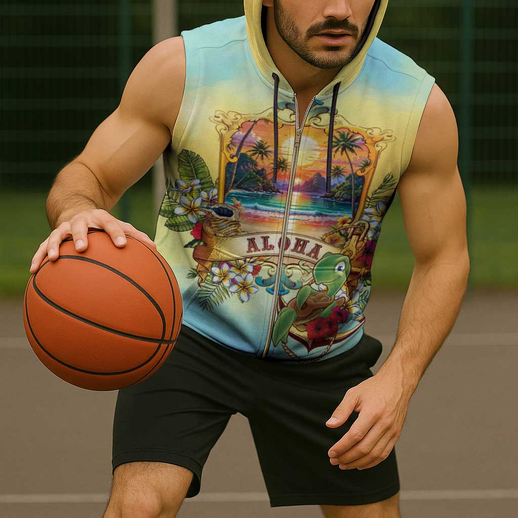 Aloha Hawaii Turtle Sleeveless Zip Hoodie Retro Style - Polynesian Pride