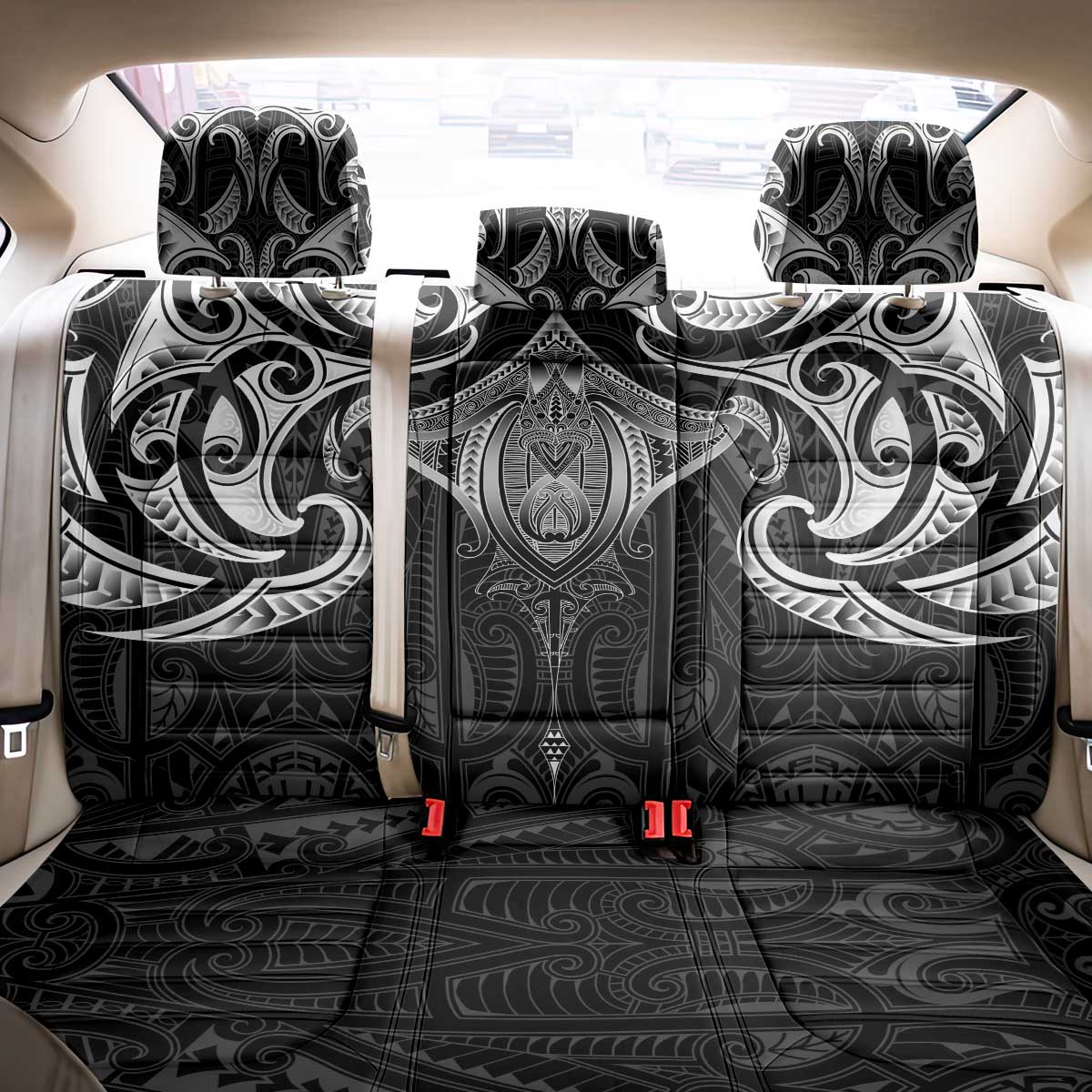 New Zealand Aotearoa Back Car Seat Cover Maori Manta Ray Moko Black - Polynesian Pride