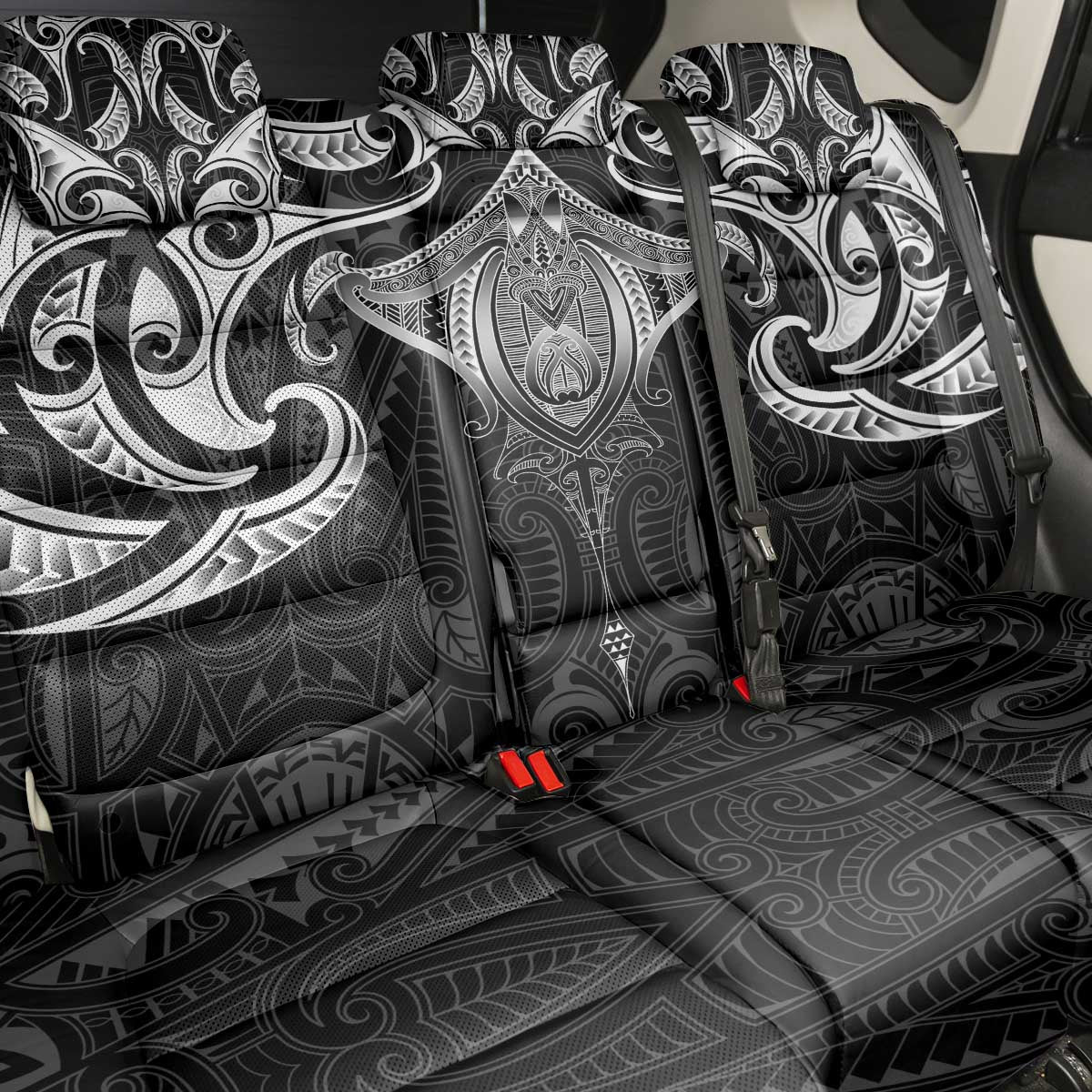 New Zealand Aotearoa Back Car Seat Cover Maori Manta Ray Moko Black - Polynesian Pride