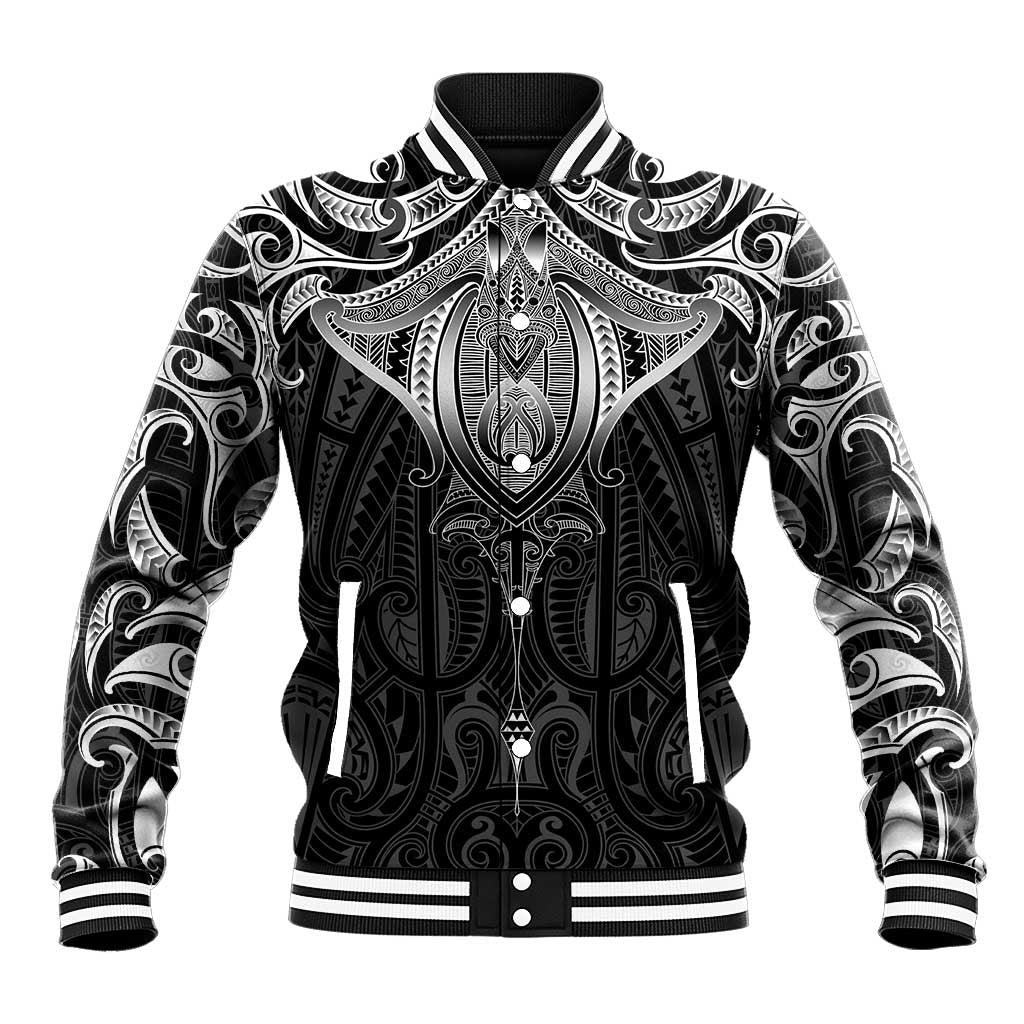 New Zealand Aotearoa Baseball Jacket Maori Manta Ray Moko Black - Polynesian Pride