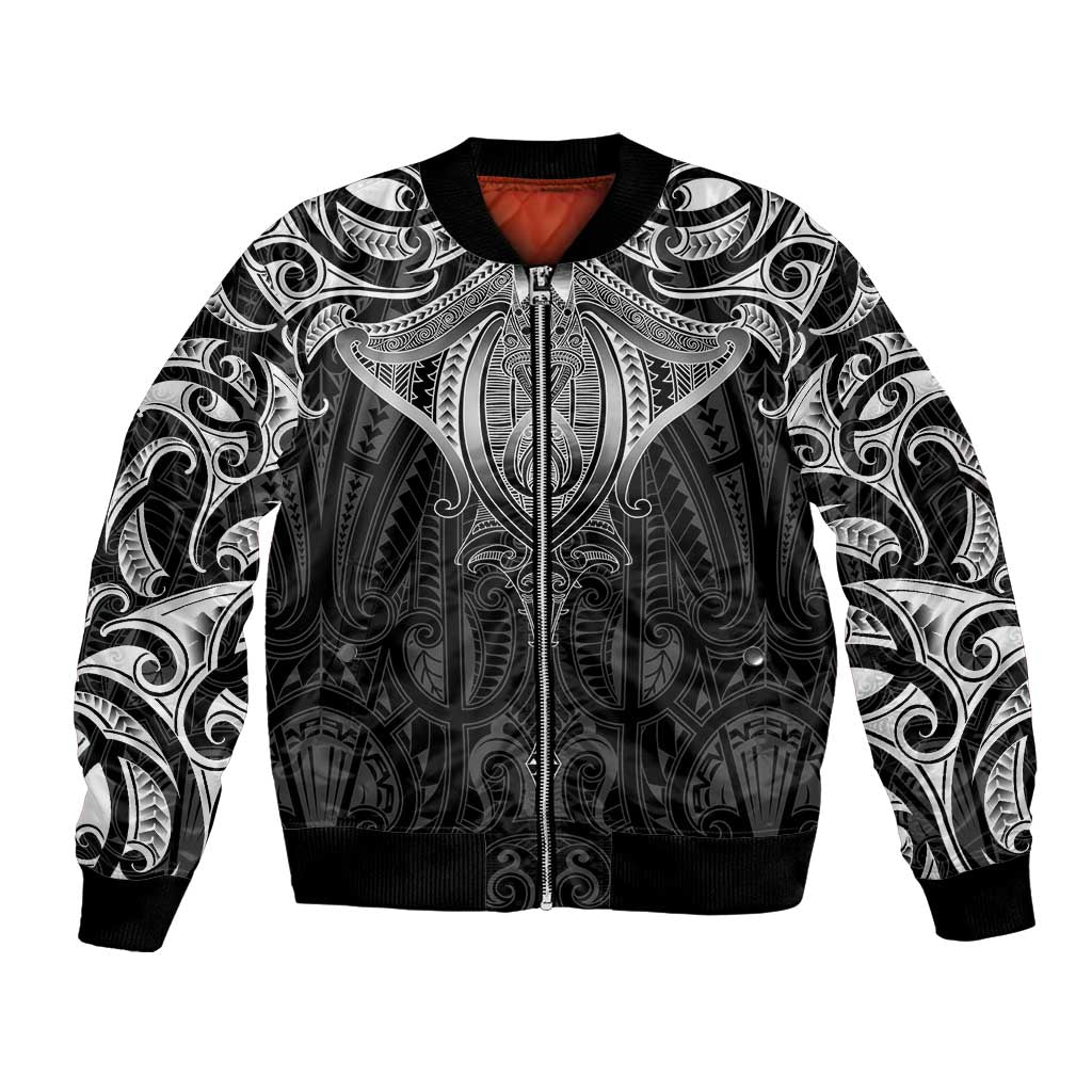 New Zealand Aotearoa Bomber Jacket Maori Manta Ray Moko Black - Polynesian Pride