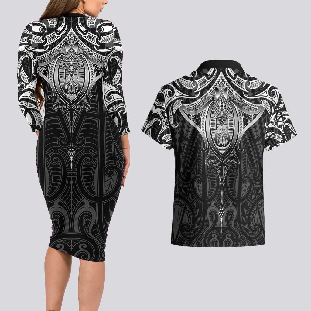 New Zealand Aotearoa Couples Matching Long Sleeve Bodycon Dress and Hawaiian Shirt Maori Manta Ray Moko Black - Polynesian Pride