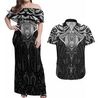 New Zealand Aotearoa Couples Matching Off Shoulder Maxi Dress and Hawaiian Shirt Maori Manta Ray Moko Black - Polynesian Pride