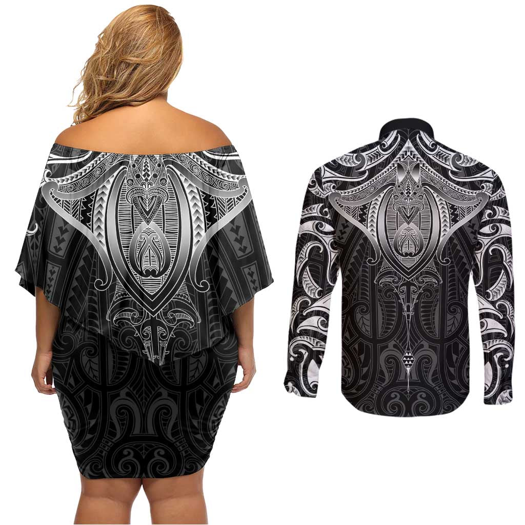 New Zealand Aotearoa Couples Matching Off Shoulder Short Dress and Long Sleeve Button Shirt Maori Manta Ray Moko Black - Polynesian Pride