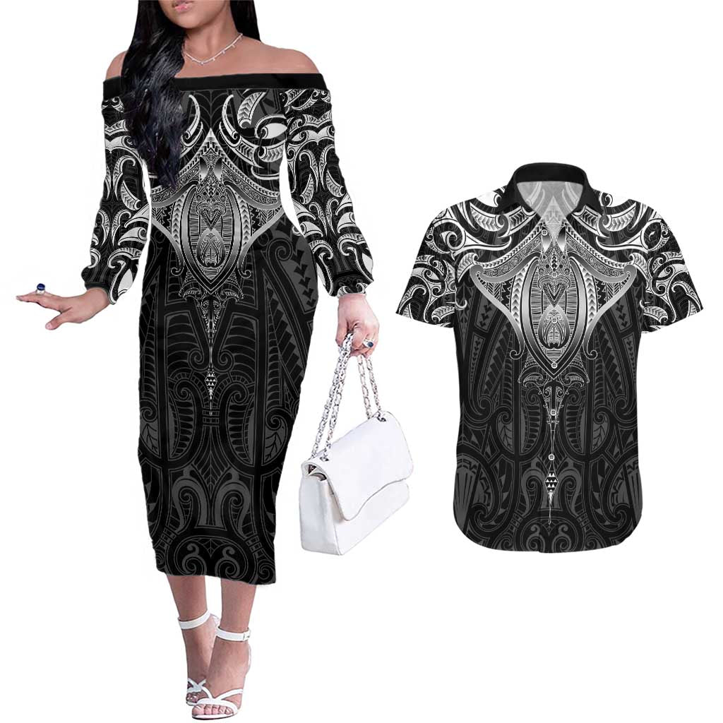 New Zealand Aotearoa Couples Matching Off The Shoulder Long Sleeve Dress and Hawaiian Shirt Maori Manta Ray Moko Black - Polynesian Pride