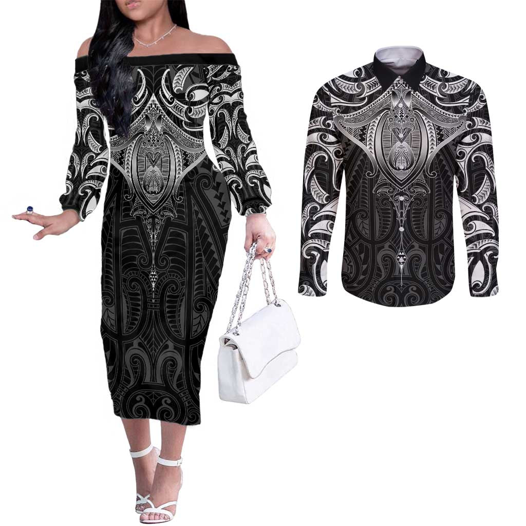 New Zealand Aotearoa Couples Matching Off The Shoulder Long Sleeve Dress and Long Sleeve Button Shirt Maori Manta Ray Moko Black - Polynesian Pride
