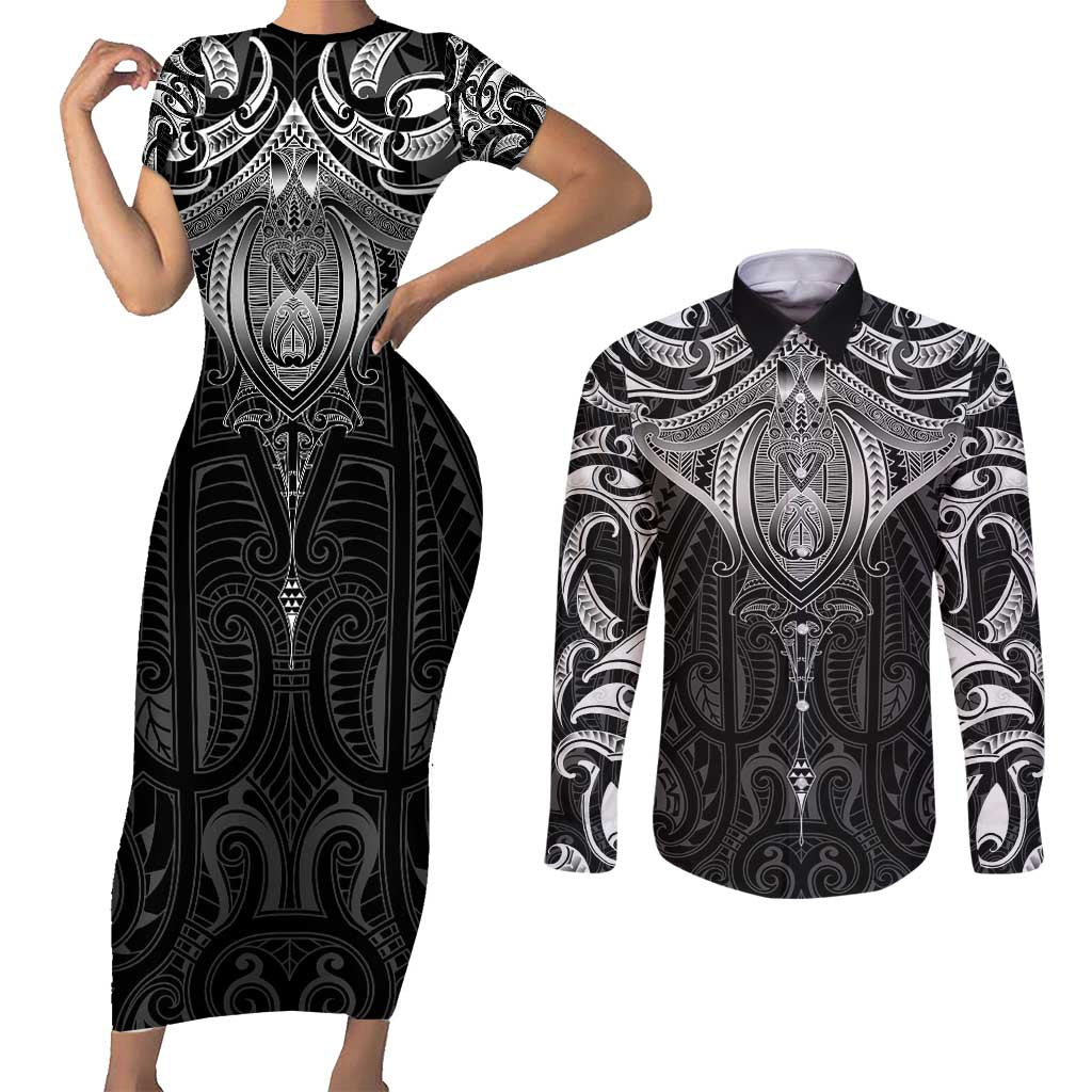 New Zealand Aotearoa Couples Matching Short Sleeve Bodycon Dress and Long Sleeve Button Shirt Maori Manta Ray Moko Black - Polynesian Pride