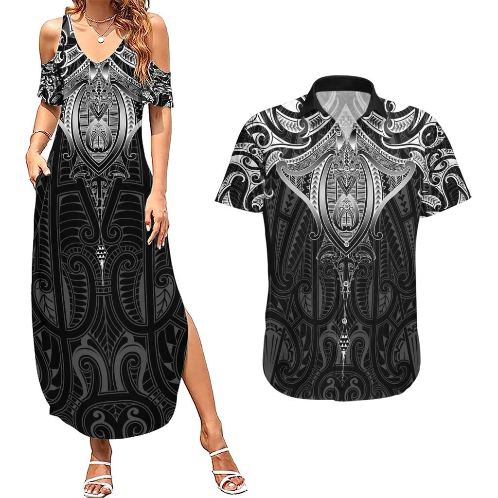 New Zealand Aotearoa Couples Matching Summer Maxi Dress and Hawaiian Shirt Maori Manta Ray Moko Black - Polynesian Pride