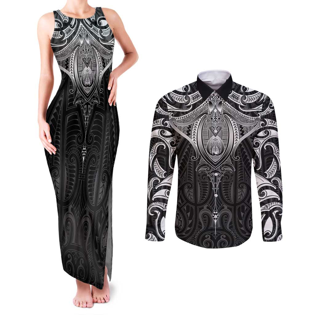 New Zealand Aotearoa Couples Matching Tank Maxi Dress and Long Sleeve Button Shirt Maori Manta Ray Moko Black - Polynesian Pride