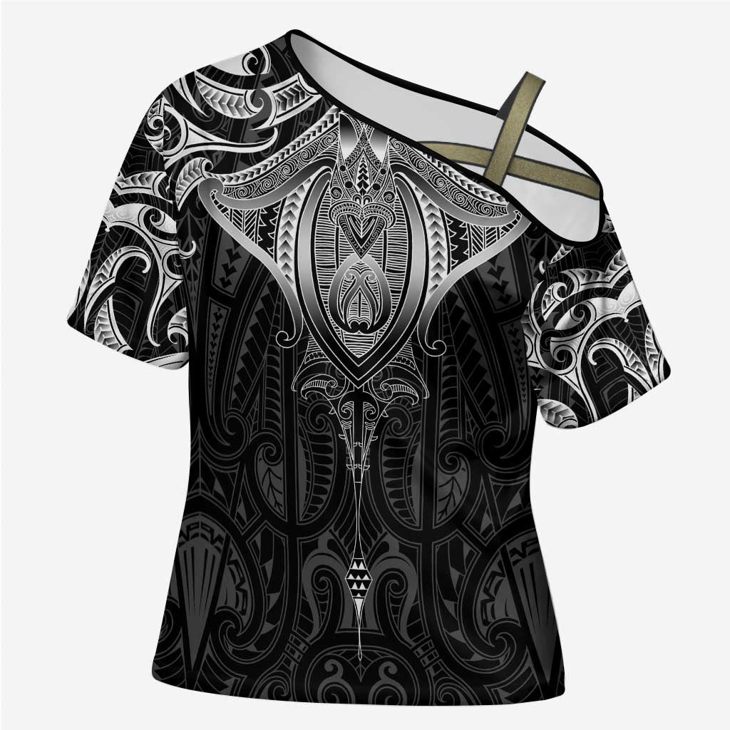 New Zealand Aotearoa Cross Shoulder Shirt Maori Manta Ray Moko Black LT05 Female Black - Polynesian Pride