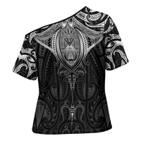 New Zealand Aotearoa Cross Shoulder Shirt Maori Manta Ray Moko Black LT05 - Polynesian Pride