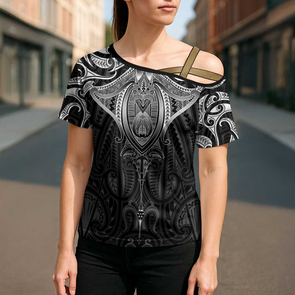 New Zealand Aotearoa Cross Shoulder Shirt Maori Manta Ray Moko Black LT05 - Polynesian Pride