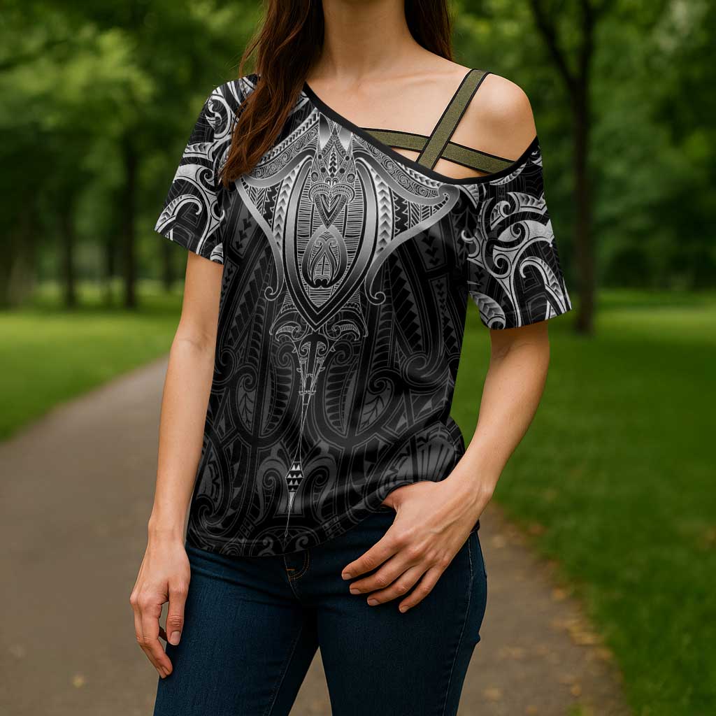 New Zealand Aotearoa Cross Shoulder Shirt Maori Manta Ray Moko Black LT05 - Polynesian Pride